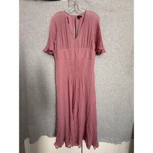 Massimo Dutti Dress Womens 10 Pink‎ Chiffon V Neck Maxi Flutter Sleeve Pleated